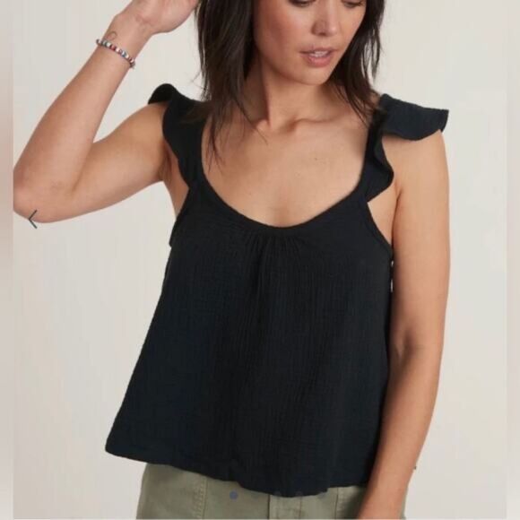 Marine Layer Tops - NWT Marine Layer Black 100% Gauzy Cotton Ruffle Sleeve Cropped Top - Size M